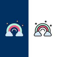 iconos de onda de primavera de arco iris de naturaleza plano y conjunto de iconos llenos de línea vector fondo azul