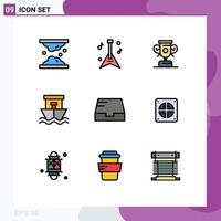 Modern Set of 9 Filledline Flat Colors Pictograph of mail summer music boat ship Editable Vector Design Elements