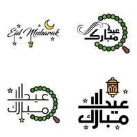 Modern Pack of 4 Vector Illustrations of Greetings Wishes For Islamic Festival Eid Al Adha Eid Al Fitr Golden Moon Lantern with Beautiful Shiny Stars