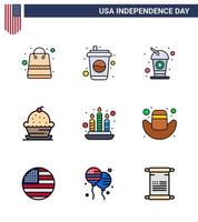 Happy Independence Day 4th July Set of 9 Flat Filled Lines American Pictograph of cap light cake fire thanksgiving Editable USA Day Vector Design Elements