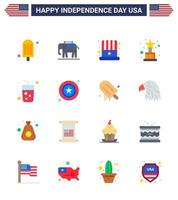 Pack of 16 USA Independence Day Celebration Flats Signs and 4th July Symbols such as men juice hat drink trophy Editable USA Day Vector Design Elements