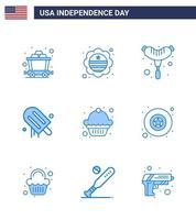 Big Pack of 9 USA Happy Independence Day USA Vector Blues and Editable Symbols of badge dessert frankfurter cake american Editable USA Day Vector Design Elements