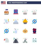 USA Independence Day Flat Set of 16 USA Pictograms of capitol receipt usa paper usa Editable USA Day Vector Design Elements