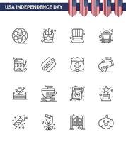 conjunto de líneas del día de la independencia de estados unidos de 16 pictogramas de estados unidos de máquina de juego sombrero casino mina elementos de diseño de vector de día de estados unidos editables