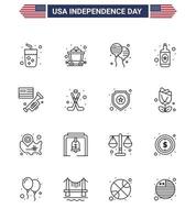 USA Independence Day Line Set of 16 USA Pictograms of american speaker bloons flag bottle Editable USA Day Vector Design Elements