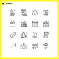 paquete de 16 signos y símbolos de contornos modernos para medios de impresión web, como el estudio de hipster, el aprendizaje de horneado, el aprendizaje electrónico, elementos de diseño de vectores editables