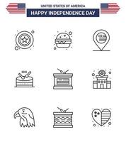 feliz día de la independencia 4 de julio conjunto de 9 líneas pictografía americana de la ubicación del tambor independiente desfile instrumento editable día de los ee.uu. elementos de diseño vectorial vector