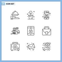 Group of 9 Modern Outlines Set for lock support phone contact chat Editable Vector Design Elements