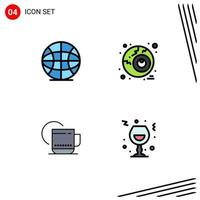 Modern Set of 4 Filledline Flat Colors and symbols such as globe service eye tea glass Editable Vector Design Elements