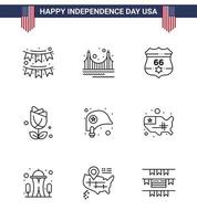 Paquete de 9 líneas de EE. UU. De signos y símbolos del día de la independencia de abundante flor histórica de EE. UU. Elementos de diseño de vector de día de EE. UU. editables