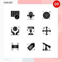 9 Universal Solid Glyphs Set for Web and Mobile Applications protection human hand pencil globe in hand security Editable Vector Design Elements