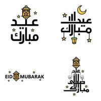 paquete moderno de 4 eidkum mubarak árabe tradicional tipografía kufic cuadrada moderna texto de saludo decorado con estrellas y luna vector