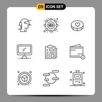 9 símbolos de contorno del paquete de iconos negros para diseños receptivos sobre fondo blanco. 9 iconos establecidos. vector