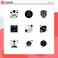 Set of 9 Commercial Solid Glyphs pack for road pin proxy location gallery Editable Vector Design Elements