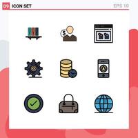 Mobile Interface Filledline Flat Color Set of 9 Pictograms of file browser user archive money Editable Vector Design Elements