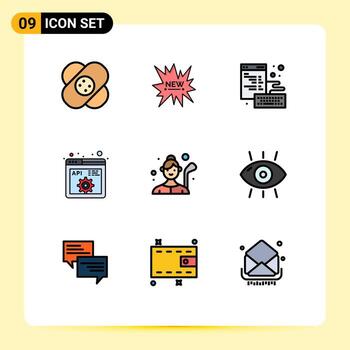 conjunto moderno de 9 colores y símbolos planos de línea de llenado, como elementos de diseño de vectores editables api de desarrollo de navegador de programación de golf