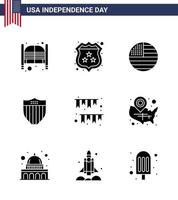 Modern Set of 9 Solid Glyphs and symbols on USA Independence Day such as american day seurity police shield usa Editable USA Day Vector Design Elements