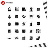 Pack of 25 creative Solid Glyphs of heater graveyard shopping grave cross Editable Vector Design Elements