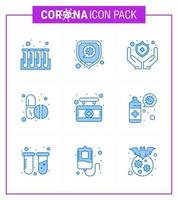 9 Blue Coronavirus Covid19 Icon pack such as medical board medical capsule pills viral coronavirus 2019nov disease Vector Design Elements