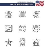 Line Pack of 9 USA Independence Day Symbols of paper festival investigating usa states Editable USA Day Vector Design Elements
