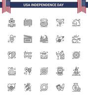 Happy Independence Day Pack of 25 Lines Signs and Symbols for popsicle eagle usa bird sausage Editable USA Day Vector Design Elements