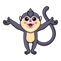 Cute little snub nosed monkey cartoon raising hands vector