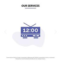 Our Services Clock Electric Time Machine Solid Glyph Icon Web card Template vector