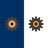 configuración cog engranaje sistema de producción rueda trabajo iconos plano y línea llena conjunto de iconos vector fondo azul