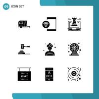 User Interface Pack of 9 Basic Solid Glyphs of court action programming law laptop Editable Vector Design Elements