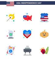 Modern Set of 9 Flats and symbols on USA Independence Day such as heart soda shield drink bottle Editable USA Day Vector Design Elements