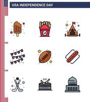 conjunto de 9 líneas planas vectoriales llenas el 4 de julio, día de la independencia de estados unidos, como la decoración de la fiesta de la bola del campamento de rugby americano, elementos de diseño vectorial editables del día de estados unidos vector