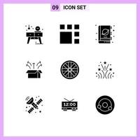 Modern Set of 9 Solid Glyphs Pictograph of product launch book box space Editable Vector Design Elements