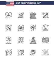 feliz día de la independencia paquete de iconos de 16 líneas para web e impresión de la insignia de la estrella vacaciones pelota americana rugby elementos de diseño vectorial del día de estados unidos editables vector