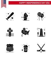 Set of 9 Vector Solid Glyphs on 4th July USA Independence Day such as map church desert cross american Editable USA Day Vector Design Elements