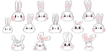 conjunto de conejos. esbozar caras de conejitos. caras lindas simples de la silueta de las liebres vector