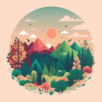 Illustration of Nature Mountain Forest Jungle Landscape Background in Flat Vector Color for Icon, Logo, Poster, Banner, Flayer