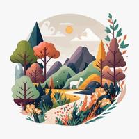 ilustración del fondo del paisaje de la jungla del bosque de montaña de la naturaleza en color vectorial plano para icono, logotipo, afiche, pancarta, flayer vector