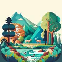 Illustration of Nature Mountain Forest Jungle Landscape Background in Flat Vector Color for Icon, Logo, Poster, Banner, Flayer