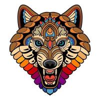 Colorido cabeza de lobo artes mandala aislado sobre fondo blanco. vector