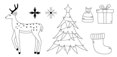 Christmas doodles set. Hand drawn outline Christmas tree, deer, snowflakes, gift box, candie. New Year vector illustration for winter decoration