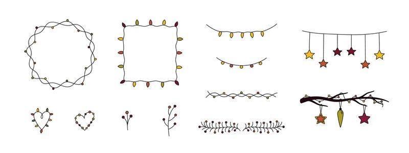 Set of cute doodle Christmas frames, garlands, borders, hearts, branches with berries isolated. Collection of hand drawn elements for christmas, new year decor. Vector holiday illustration