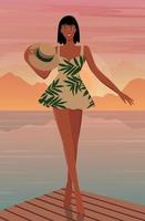 ilustración digital de una bella modelo descansando de vacaciones posando en el contexto de una brillante puesta de sol con un hermoso vestido y sombrero vector