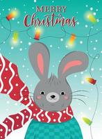 Postcard poster Merry Christmas and Happy New Year hare bunny in clothes scarf sweater and bright glowing garland lanterns vector
