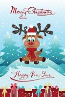 Postcard poster merry christmas and happy new year deer elk character with gift boxes vector