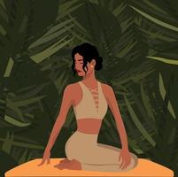 Digital illustration beautiful yogi girl in summer resting on bali island doing yoga in the jungle meditating and relaxing for health vector