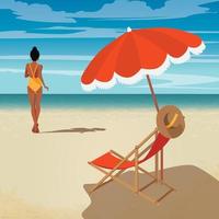 chica de ilustración digital en verano de vacaciones toma el sol bajo un paraguas en una tumbona y va a nadar vector