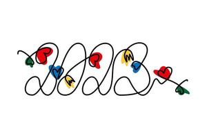 2023. Stylized handwritten font with one solid line with heart shaped figures and colored spots. vector