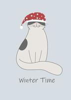 Cat sitting in red santa hat. Winter illustration of cute little animal for Christmas holidays vector