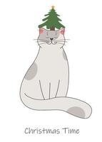 Gray cat with an evergreen tree with a bright star on its head. Holiday card with inscription christmas time vector