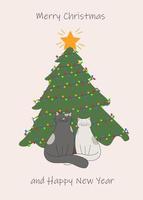 Christmas card with a big green tree with a star and a garland and a couple of cute cats underneath vector